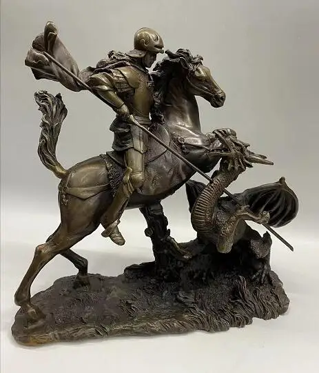 Western Art Deco sculpture Saint George and the Dragon bronze statue 28cm Long