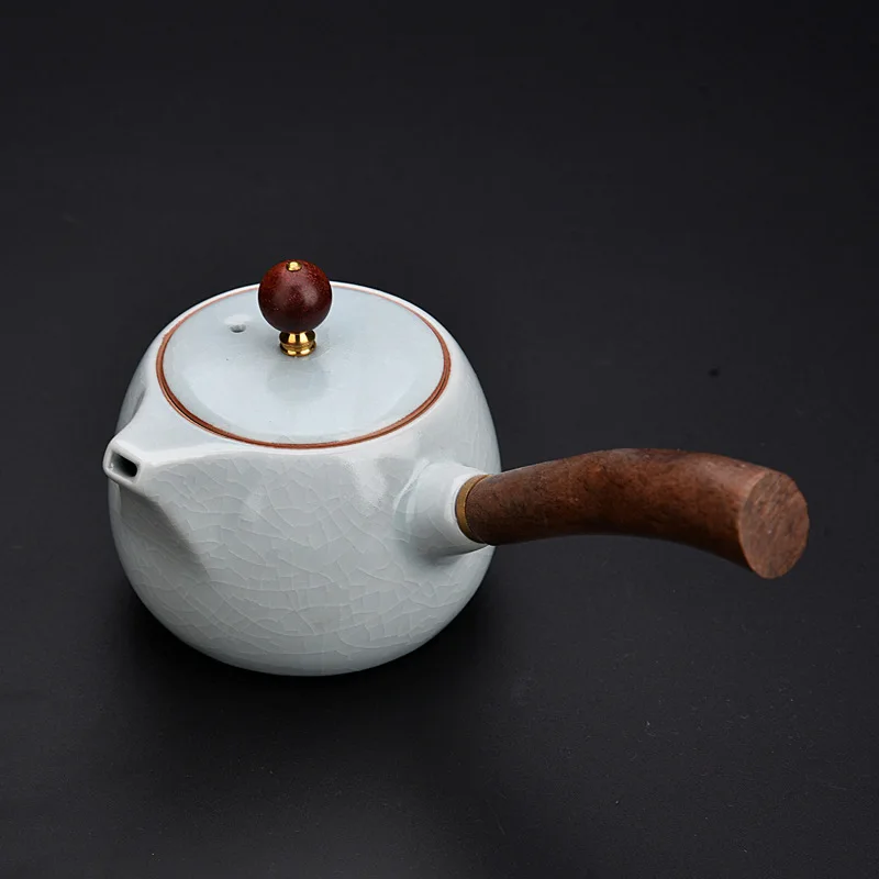 Ru Kiln Sandalwood Side Handle Teapot Household Ceramic Hand-Gracked Glaze Tea Making Device Kung Fu Tea Teapot Tea 180ml