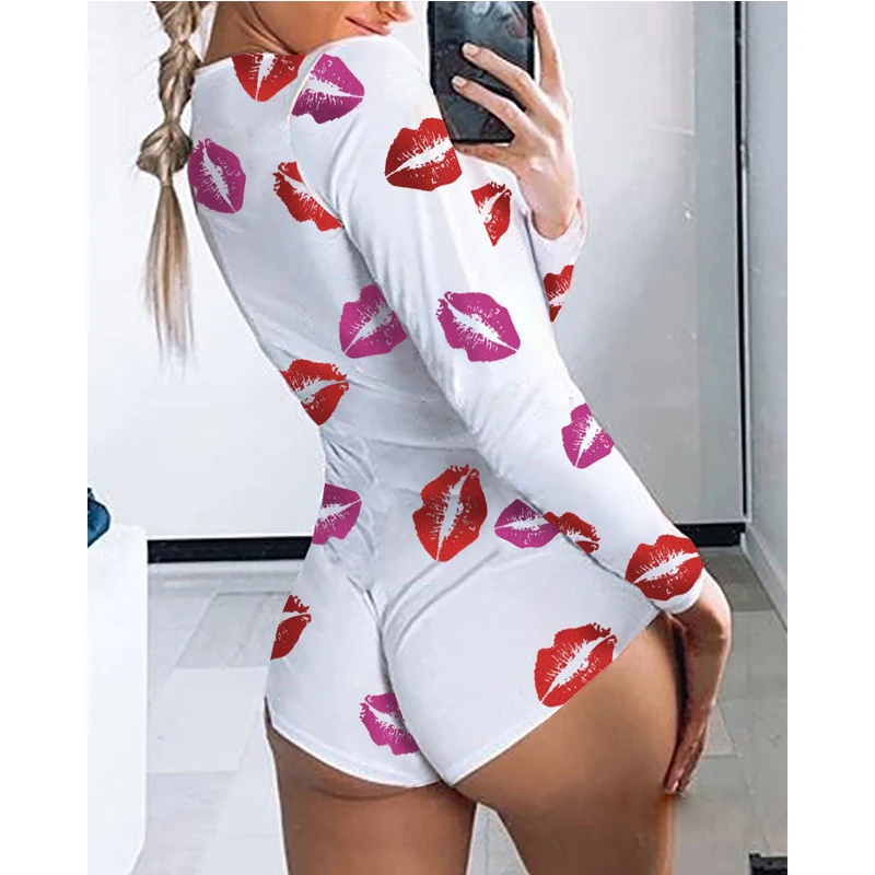 Summer Ladies Pajamas Jumpsuit  Stretch Leotard Button Short Romper Overalls Sexy Women Bodysuit Long Sleeve Deep V Neck Bodycon