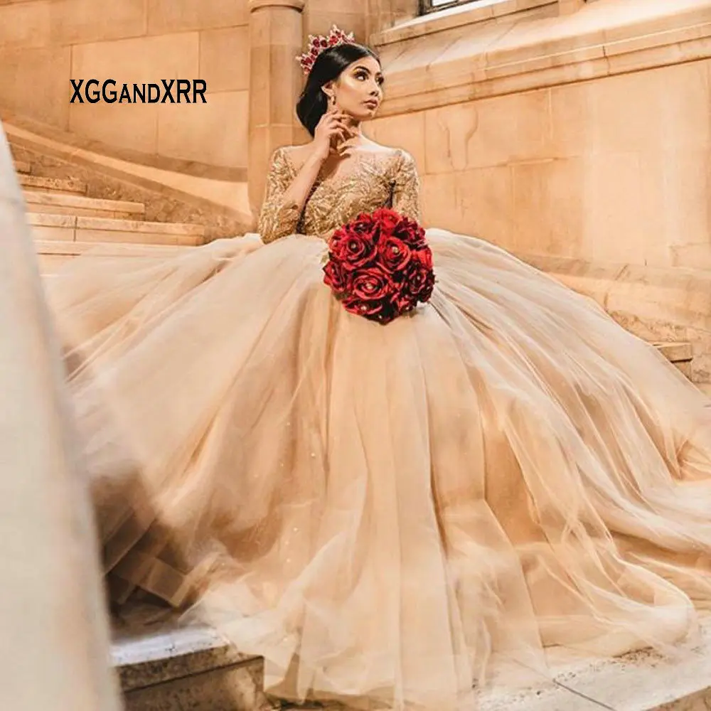 

Роскошное золотистое платье Quinceanera с длинными рукавами 2022, кружевное платье с бисером и кристаллами, блестящее Тюлевое праздничное милое платье 16 лет