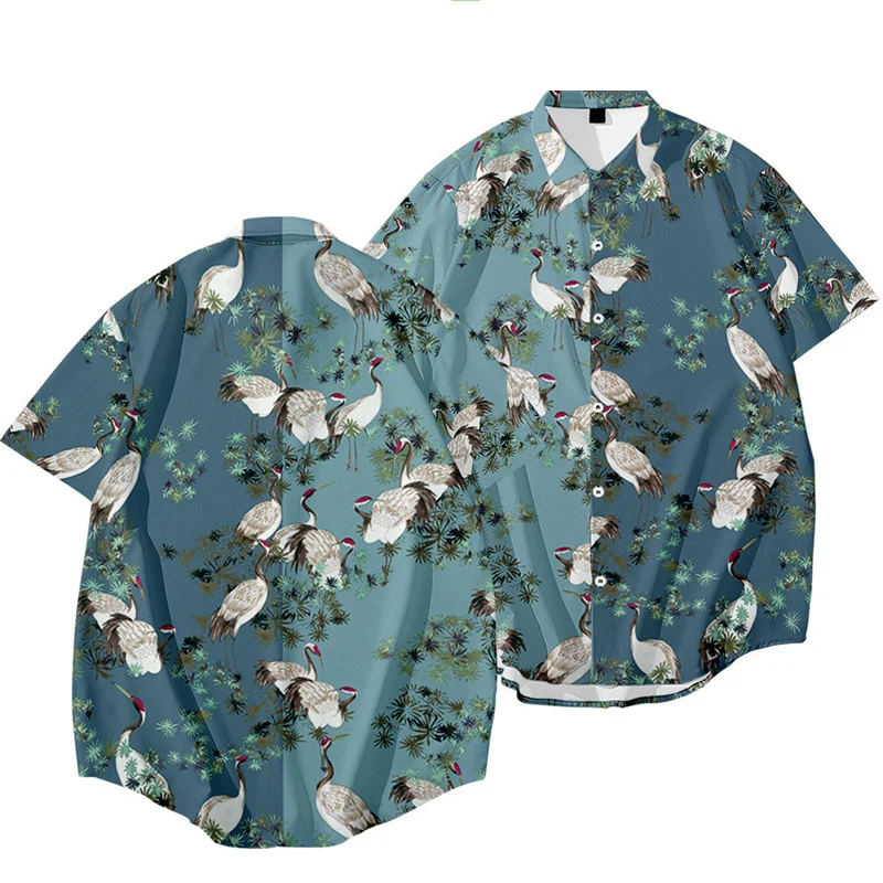 

Bird animal Men Short Sleeve Lapel Printed Shirt crane Pattern Floral Shirt Casual Summer Hawaiian Holiday Camisa Top Animated