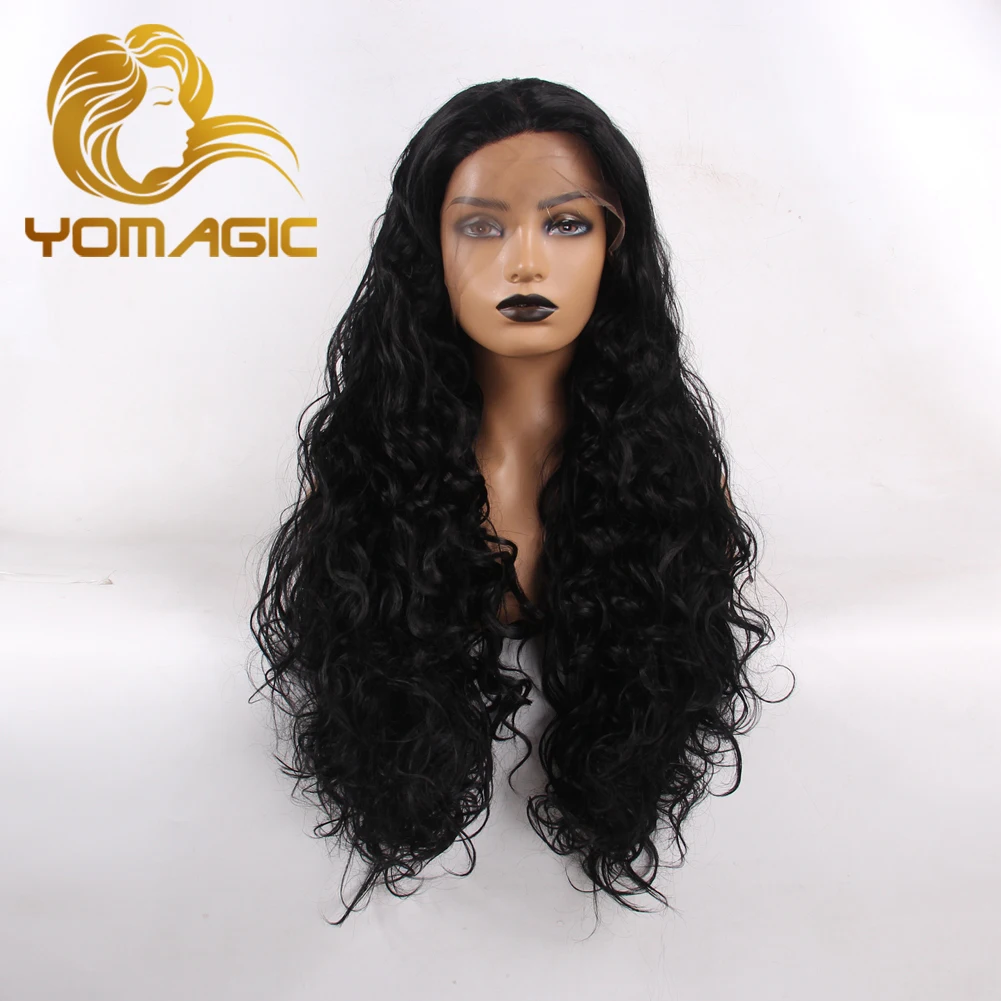 

Yomagic Long Wave Synthetic Hair Lace Front Wigs for Women Natural Hairline Black Natural Color Synthetic Glueless Lace Wigs