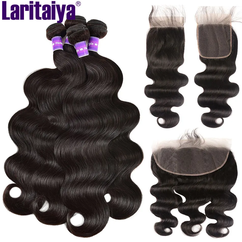 Laritaiya India Tubuh Gelombang Bundel dengan Frontal 100% Rambut Manusia Tubuh Gelombang Bundel dengan Penutupan Renda Frontal dengan Bundel