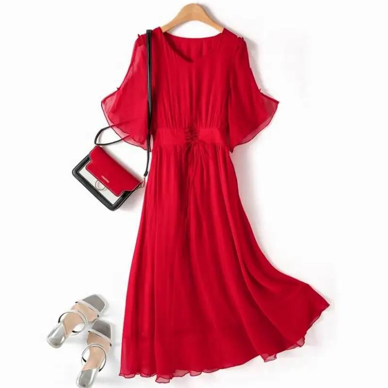 

Women Christmas Party dresses Trend Fashion Women Shell 100% Silk Dress Elegent Party Holiday Beach Long dresses Red