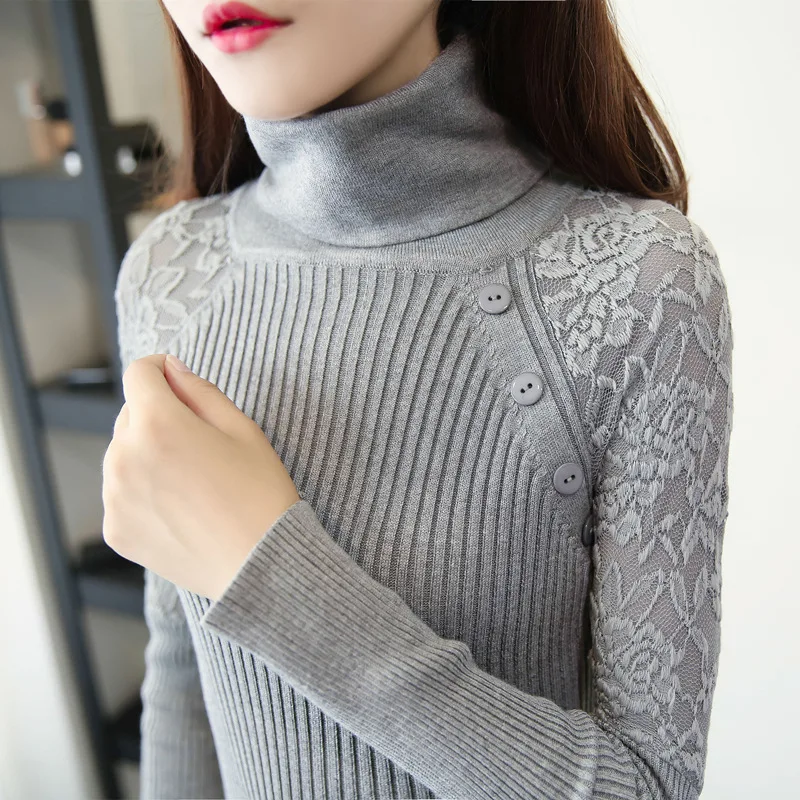 

Autumn Winter New Women's Sweater Elasticity Shoulder Lace Slim High-Neck Warm Knit Sweater Bottoming Sweater Lady pullover Tops