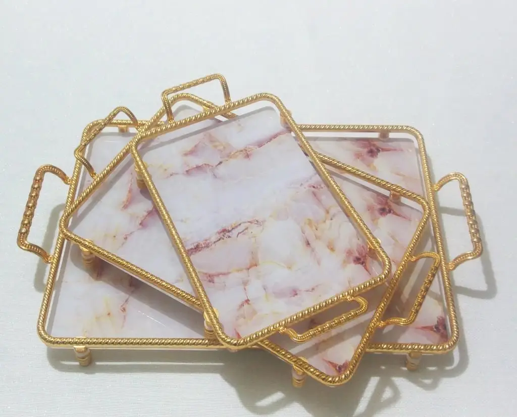 

DOLBOVI 3'lü Gold White Marble Patterned Glass Marbled tray Set tray поднос plateau de service