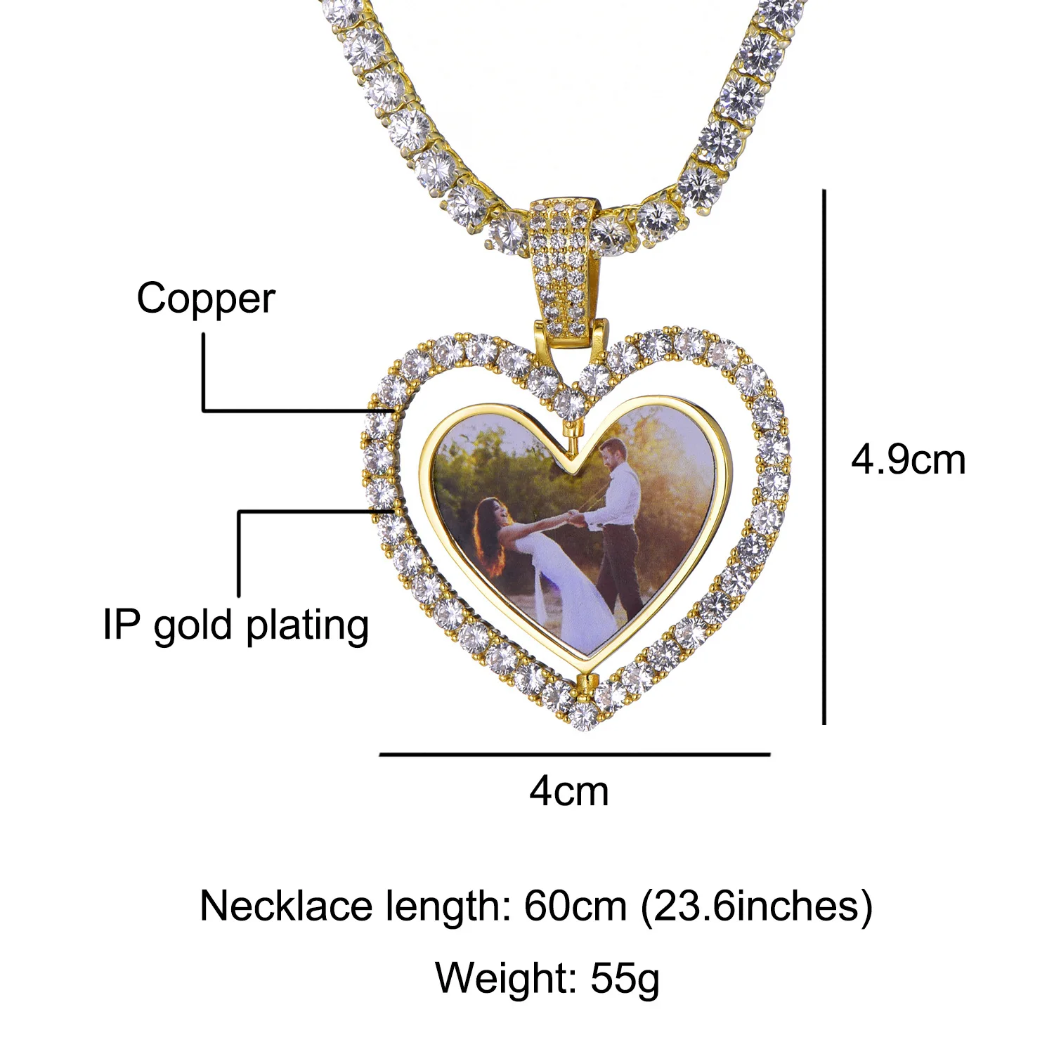 Heart Custom Photos Rotating Double-side Memory Medallion Solid Pendant Necklace Zircon 4mm Tennis Women Men Hip Hop Jewelry