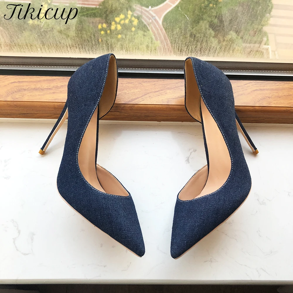 Tikicup Navy Blue Women Denim Fabric D\'Orsay High Heel Shoes 8cm 10cm 12cm Pointy Toe Elegant Stiletto Pumps Comfortable Soft