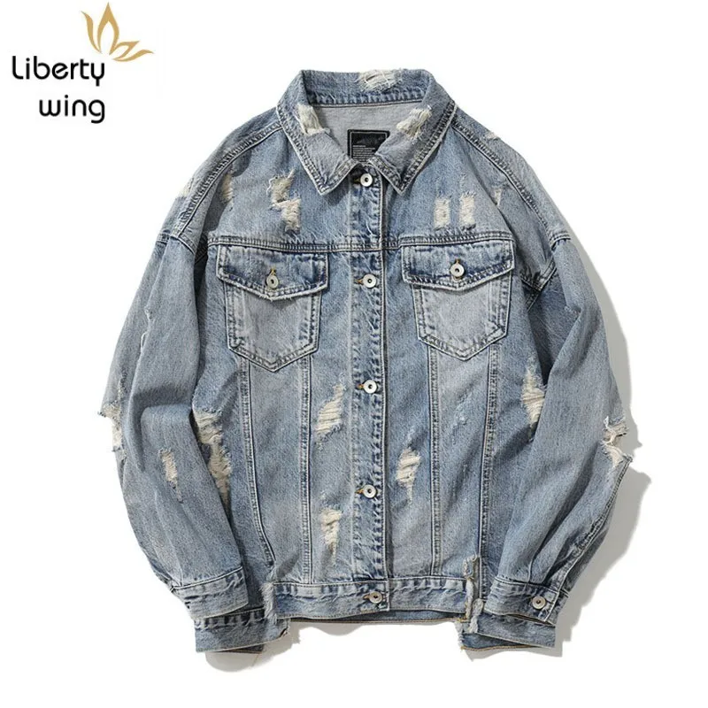 

2020 New Men Ripped Hole Loose Denim Tops Coats High Street Patch Designs Washed Single Breasted Jeans Jacket Mens Clothes M-2XL