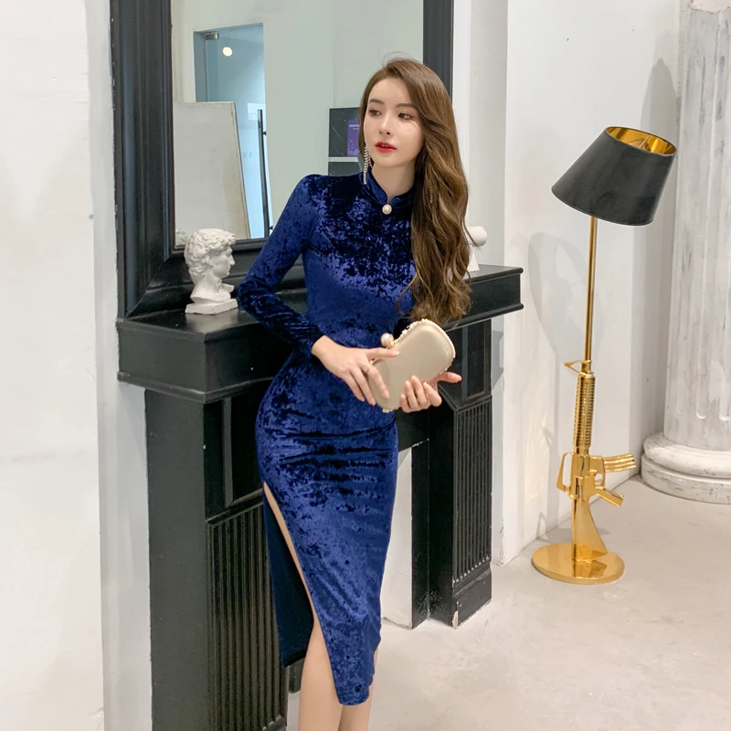 

Round Neck Women Winter Dress Autumn 2021 Hip Wrap Women's Dresses With Sleeves Improved Cheongsam Corduroy Dress Oversize Party