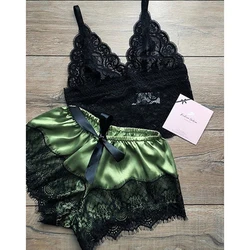 Newest Arrival Fashion Women Sleepwear Sexy Satin Pajama Set Female Lace V-Neck Pyjamas Sleeveless Lace Cami Top and Shorts Sets