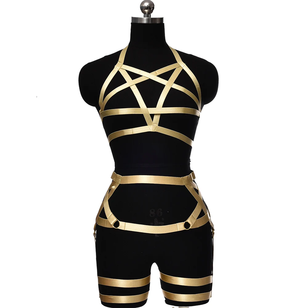 BONDAGE STRAPPY Garter Set Harness Sexy Body Cage Elastic BodySuit Goth Lingerie Stockings Garter Belt Pentagram Crop Top Bra