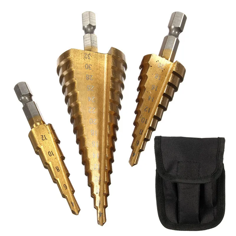 3Pcs 1/4 Inch Hex Shank HSS Titanium Coated Step Drill Bit Set 4-12/4-20/4-32mm in Pouch