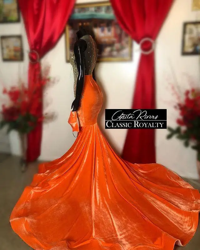 Lange Oranje Mermaid Prom Dresses 2021 Kralen Crystal Afrikaanse Plus Size Vrouwen Formele Partij Avondjurken