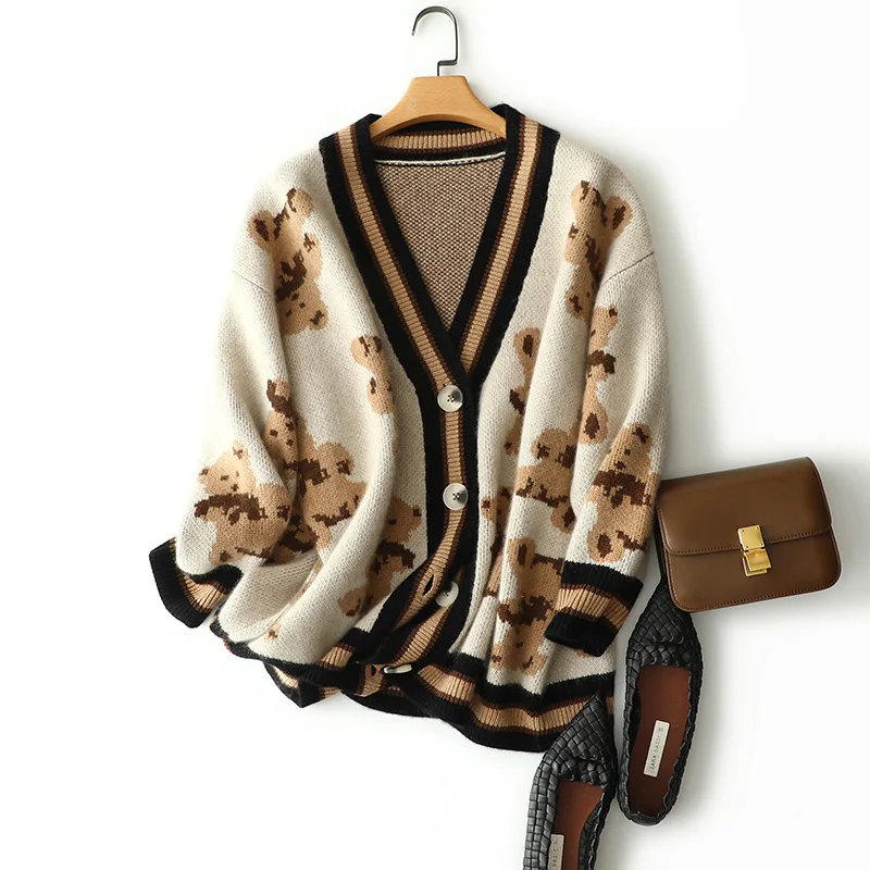 

winter 100% cashmere outerwear women's luxury intarsia animal pattern coat long sleeve thick v neck chic cardigan knitted