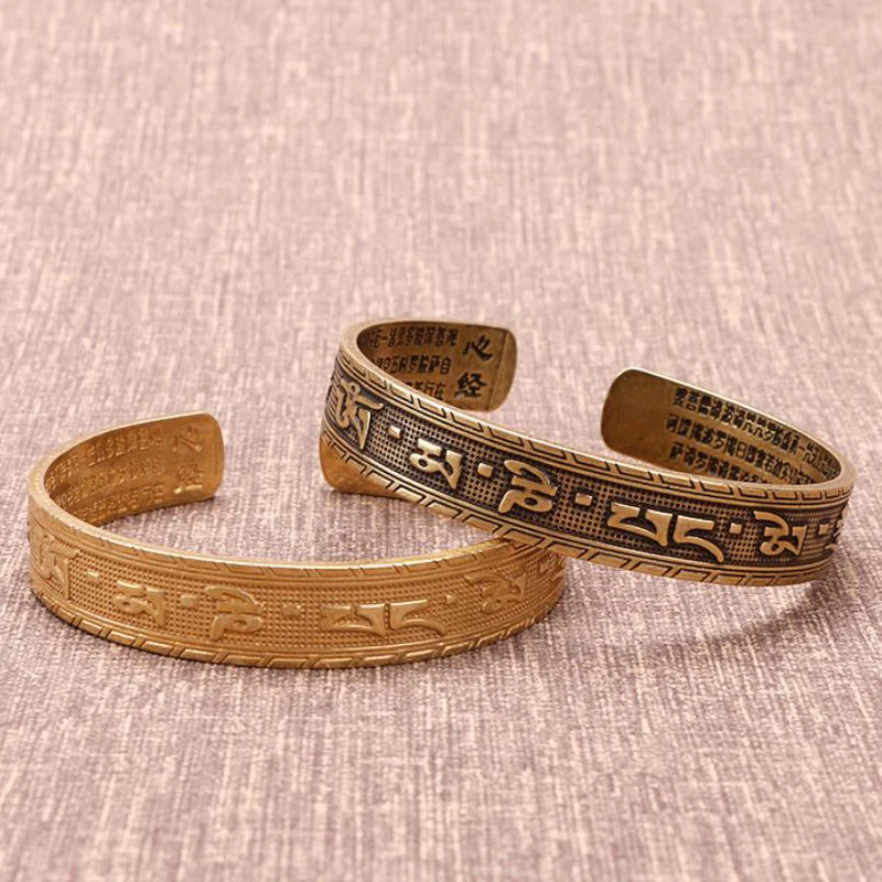 Nepal Handmade Vintage Brass Bracelet Six-word Mantra Men and Women Tibetan Buddhist Sutra Engraved Lucky Open Bangles Jewelry