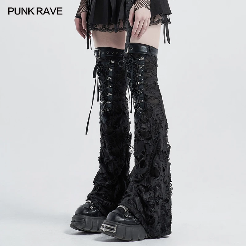 PUNK RAVE-calentadores peludos cálidos de Invierno para mujer, manga de pierna desgastada, punto elástico con agujero, dobladillo de una palabra, accesorios de rodilla