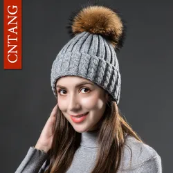 Classic Multiple Styles Beanies For Women Fashion Twist Knitted Wool Hat Autumn Winter Warm Hats Women Raccoon Fur Pompom Cap