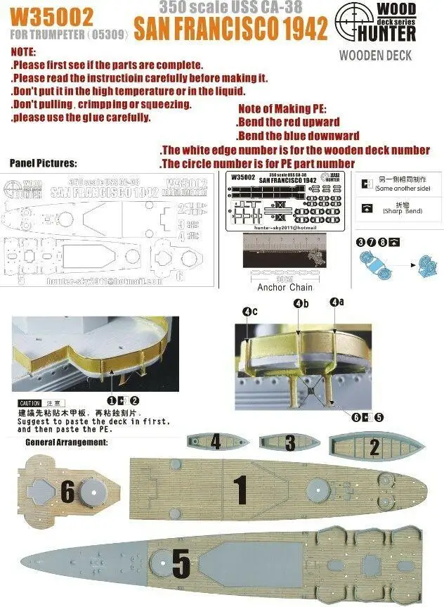 Hunter 1/350 W35002 Wood deck USS San Francisco 1942 for Trumpeter Top quality