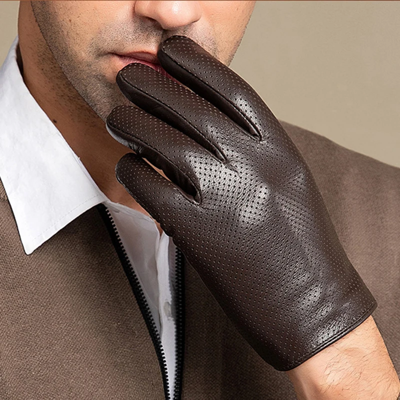 Men's Thin Genuine Leather Fit Gloves Male Breathable Soft Fashion Classic Goatskin Autumn Unlined touch screen Driving Gloves