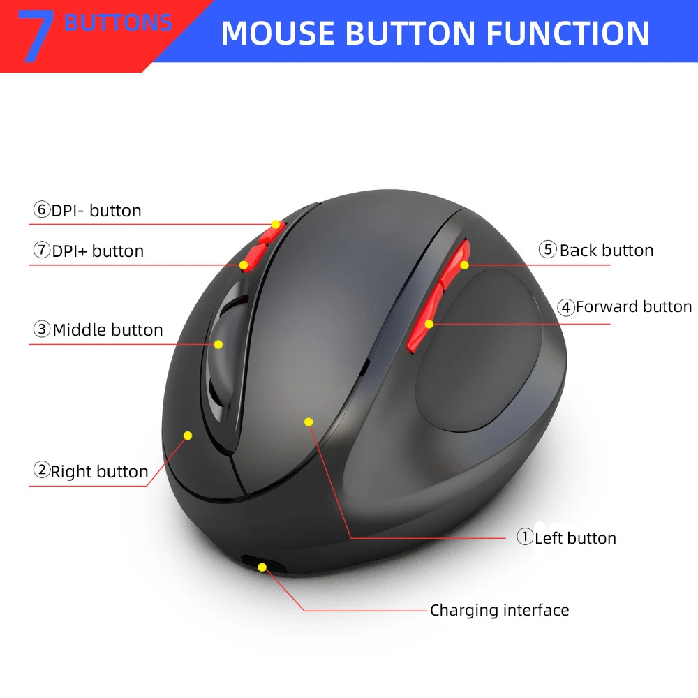 UTHAI DB40 Nuovo mouse wireless 2.4G Mouse verticale Mouse ergonomico a 7 pulsanti 2400 dpi Batteria incorporata