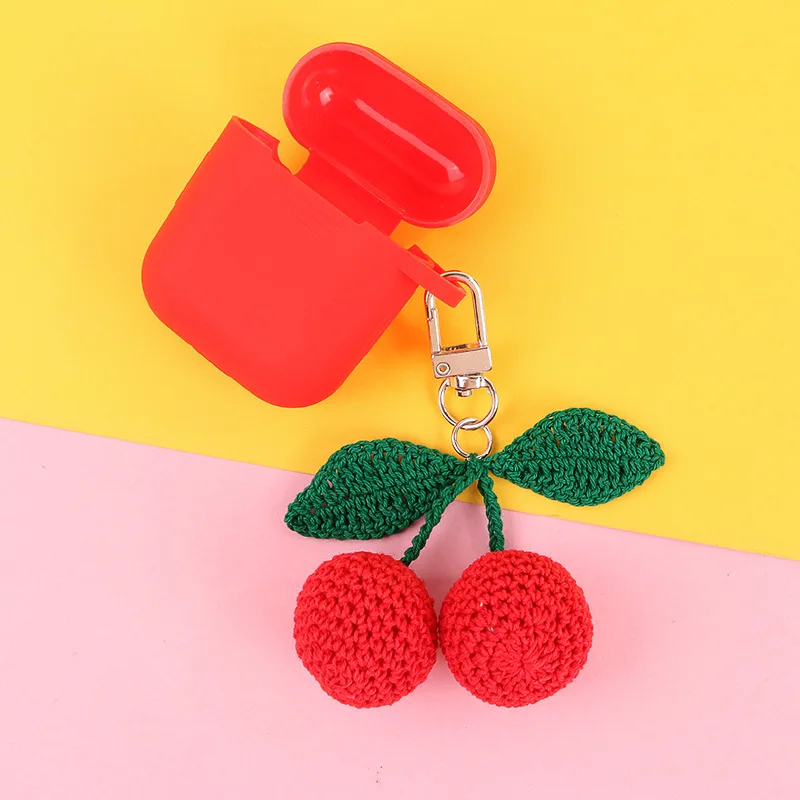 Cute Handmade Knitting Wave Big Cherry Strawberry Key Chains for Women Fruit Earphone Cover Keychains Bag Car Key Holder Gift