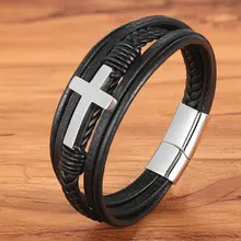 Men’s Multicolor Cross Steel Leather Bracelet #4