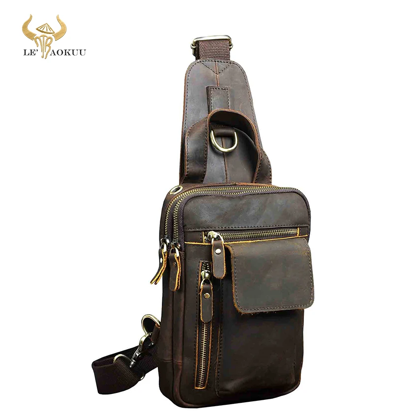 Men Quality Leather Fashion Casual Chest Sling Bag Brown 8\