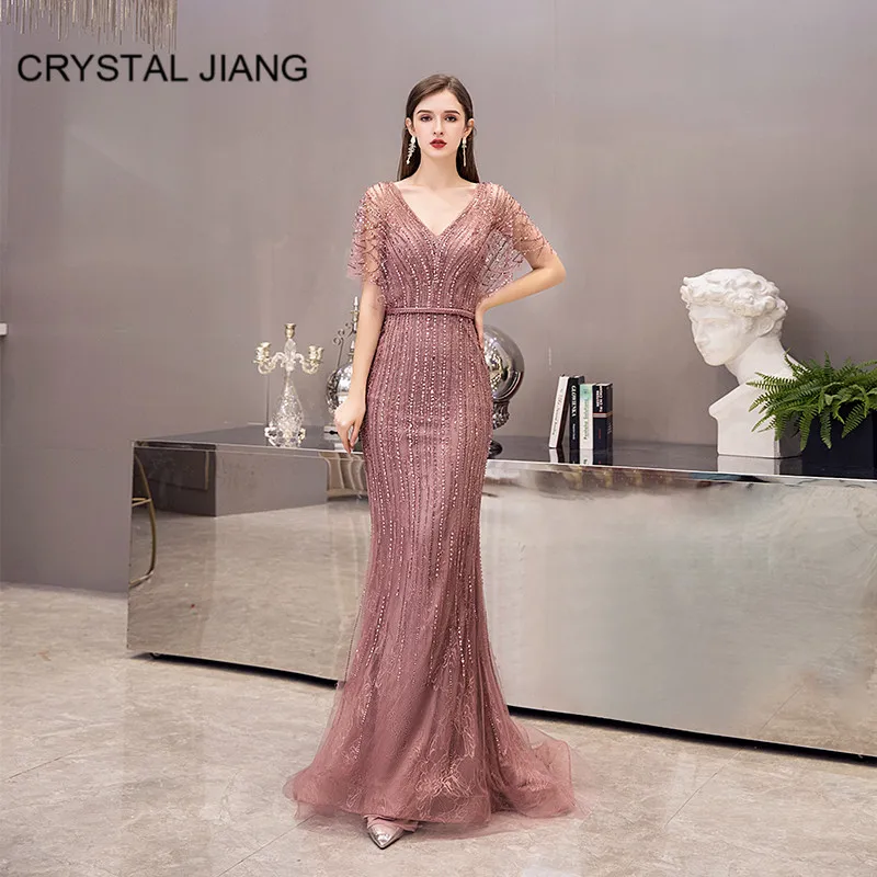 

Luxury Evening Dresses Long Sexy V Neck Lace Crystal Beaded Dusty Pink Mermaid Evening Party Gown