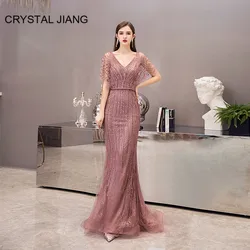 Luxury Evening Dresses Long Sexy V Neck Lace Crystal Beaded Dusty Pink Mermaid Evening Party Gown