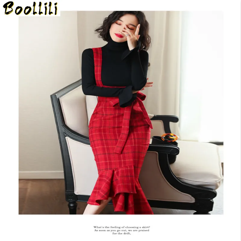 Set Two Piece Women Clothes 2023 New Elegant Korean Black Knit Womens Tops Trumpet Long Bandage Red Dress Women's Dresses