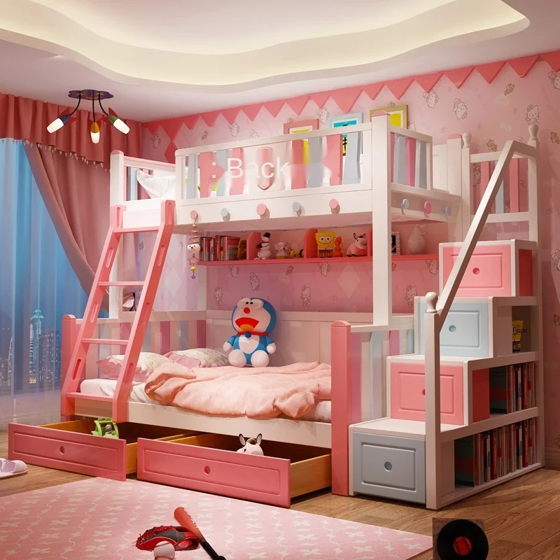 All solid wood mother bed with slide bed small apartment pink princess bed American children's high and low bed solid wood