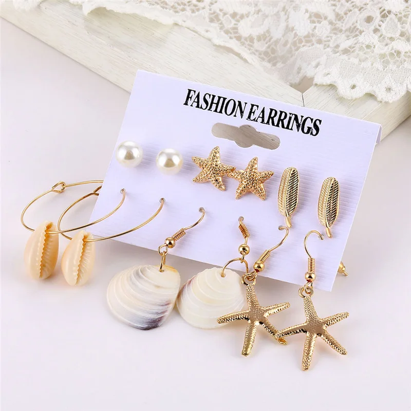 Fashion Women\'s Earrings Set Long Tassel Shell Earrings For Women Boho Dangle Earring Geometric Jewelry Female Pearl Earrings