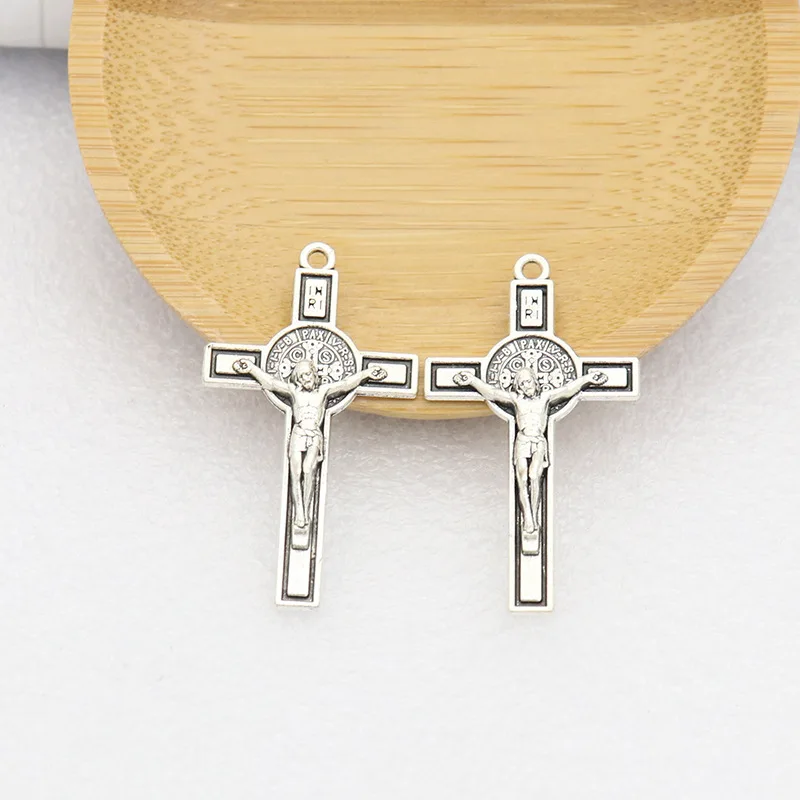 New Catholic Christ Jesus Saint Benedict 4cm Cross Holy Brand Italy Double-sided Vintage Rosary Necklace Pendant Crucifix