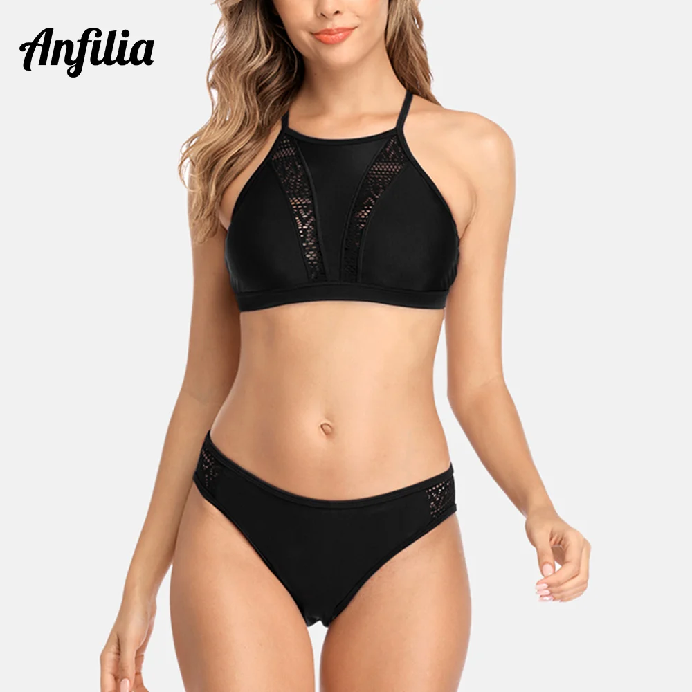 Anfilia kadınlar yüksek boyun bikini seti düz renk mayo oymak bantlı mayo seksi Push Up Beachwear