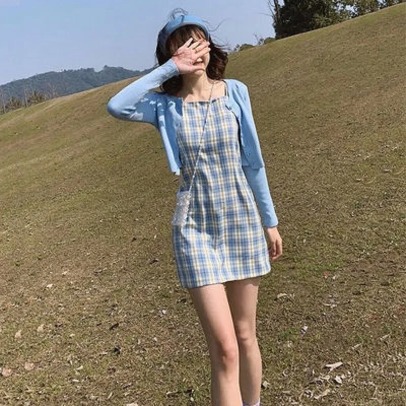 Summer Vintage Plaid Strap Slim Dress Women Sexy Sweet Sleeveless Mini Dress Preppy Suspender Boho Beach Holiday Base Dresses