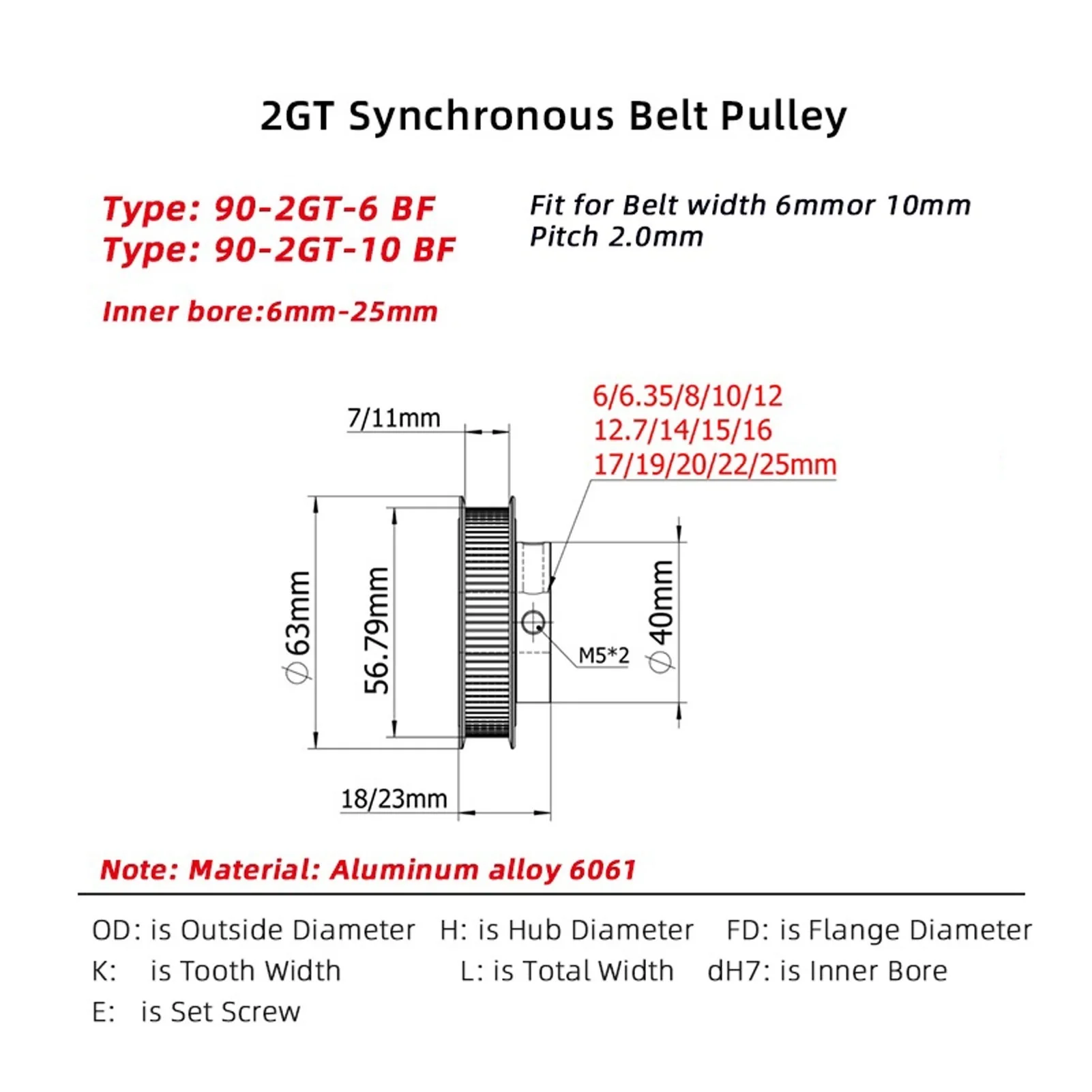 2GT Timing Pulley 90 Teeth, Bore 6/6.35/8/10/12/14/15/16/17/19/20/22/25mm, GT2 Synchronous Belt Width 6/9/10mm, 90T