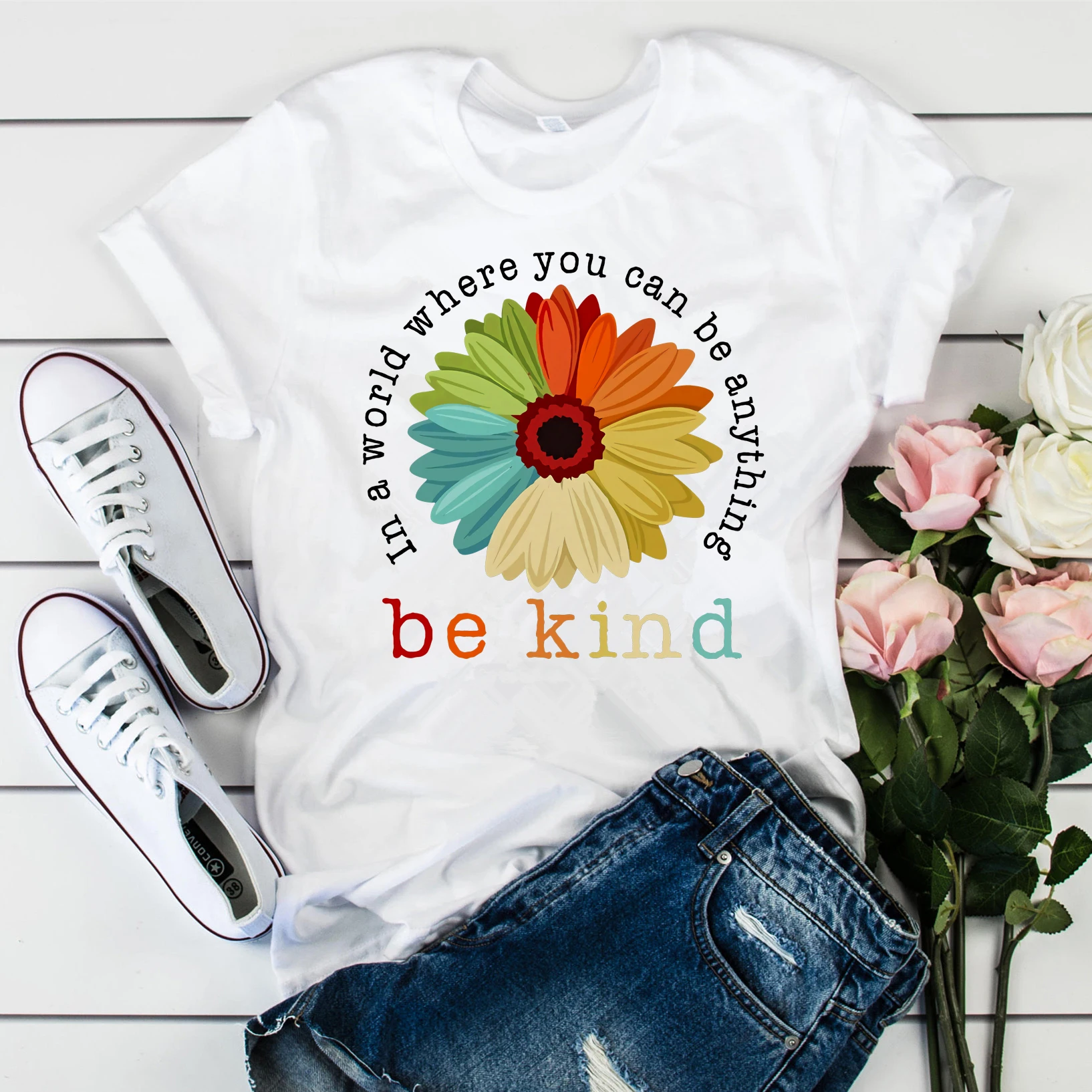 In World Where You Can Be Anything Be Kind T-shirt Sunflower Vintage Shirt Racial Equality Rainbow Graphic Tee Cute Slogan Tops