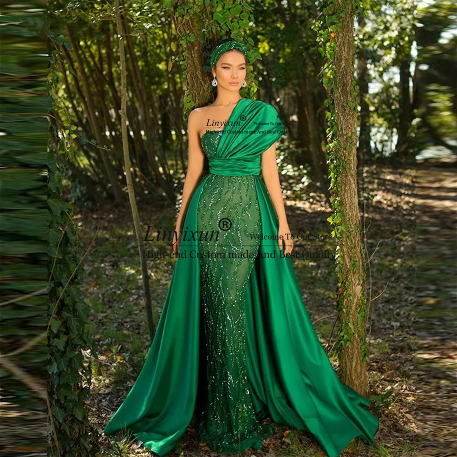 

Emerald Green Mermaid Lace Sequin Prom Dresses One Shoulder Satin Floor Length Evening Party Gowns Dubai Women Robes de soirée