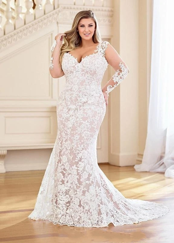 Plus size sereia vestidos de casamento com trem destacável 2020 renda applique nupcial com manga longa vestidos de novia praia