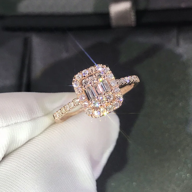 

Custom Solid 10K Rose Gold Women Wedding Party Engagement Ring Rectangle Emerald Victorian Moissanite Diamond Ring Romantic