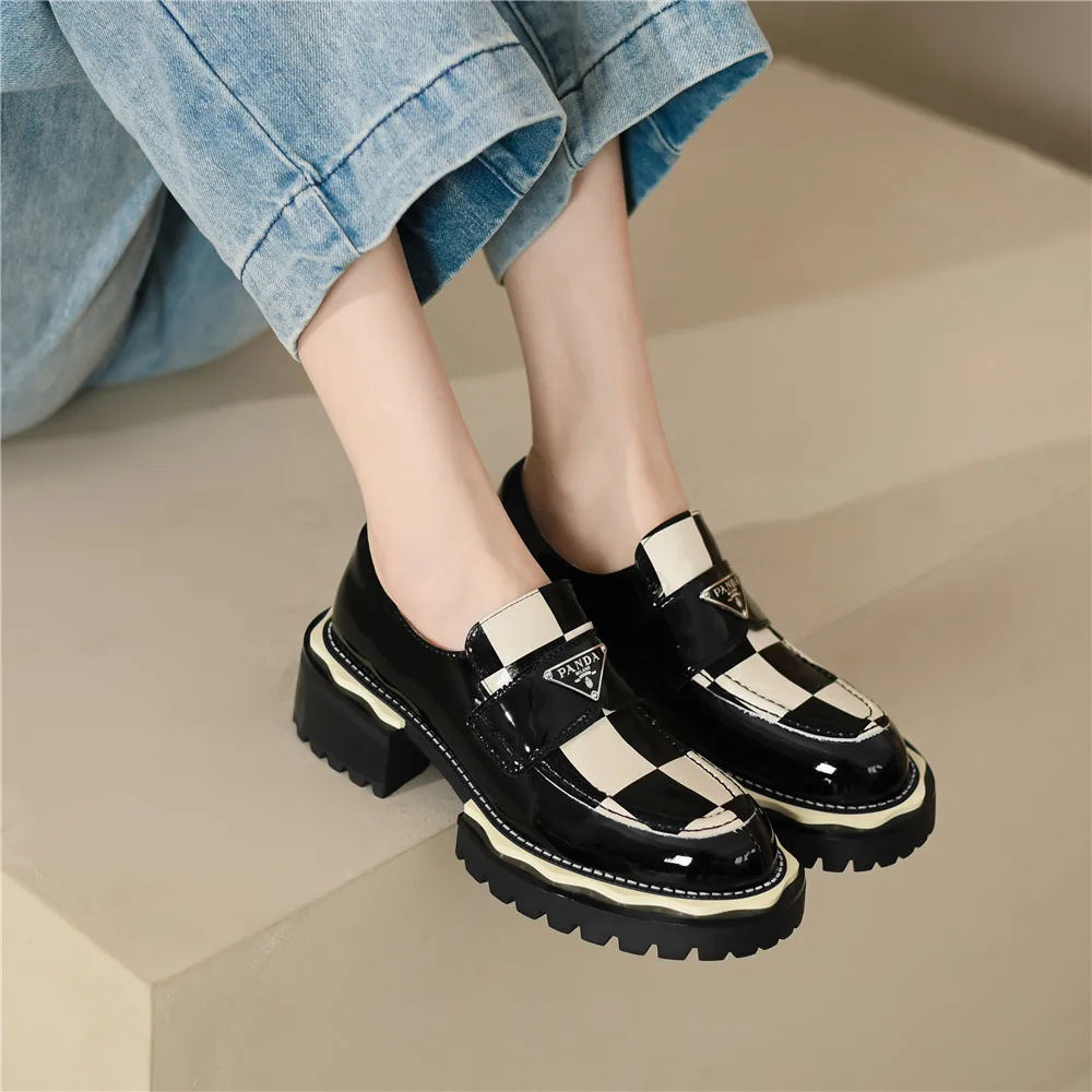 MILI-MIYA Spring Autumn Women Pumps Platform Thick Heels Black White Patent Cow Leather Elegant Slip On Fashion Office Shoes