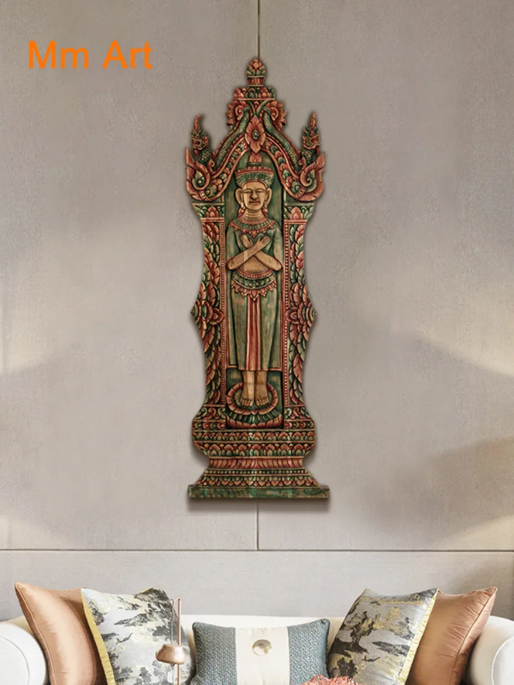 Embossed Buddha Statue Wood Carving Wall Decoration Pendant Southeast Asian Teak Character Wall Hanging Teak