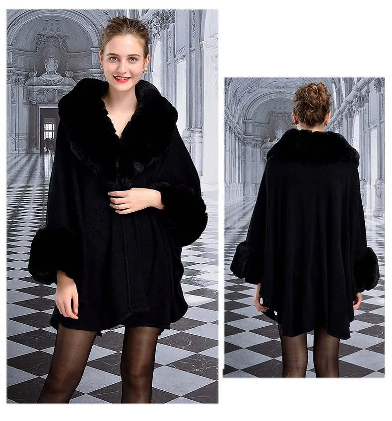 Women Party Overcoat Cloak Winter Faux Rabbit Fur Big Striped Collar Knitted Cardigan Cape Cashmere Long Sleeve Outstreet Poncho