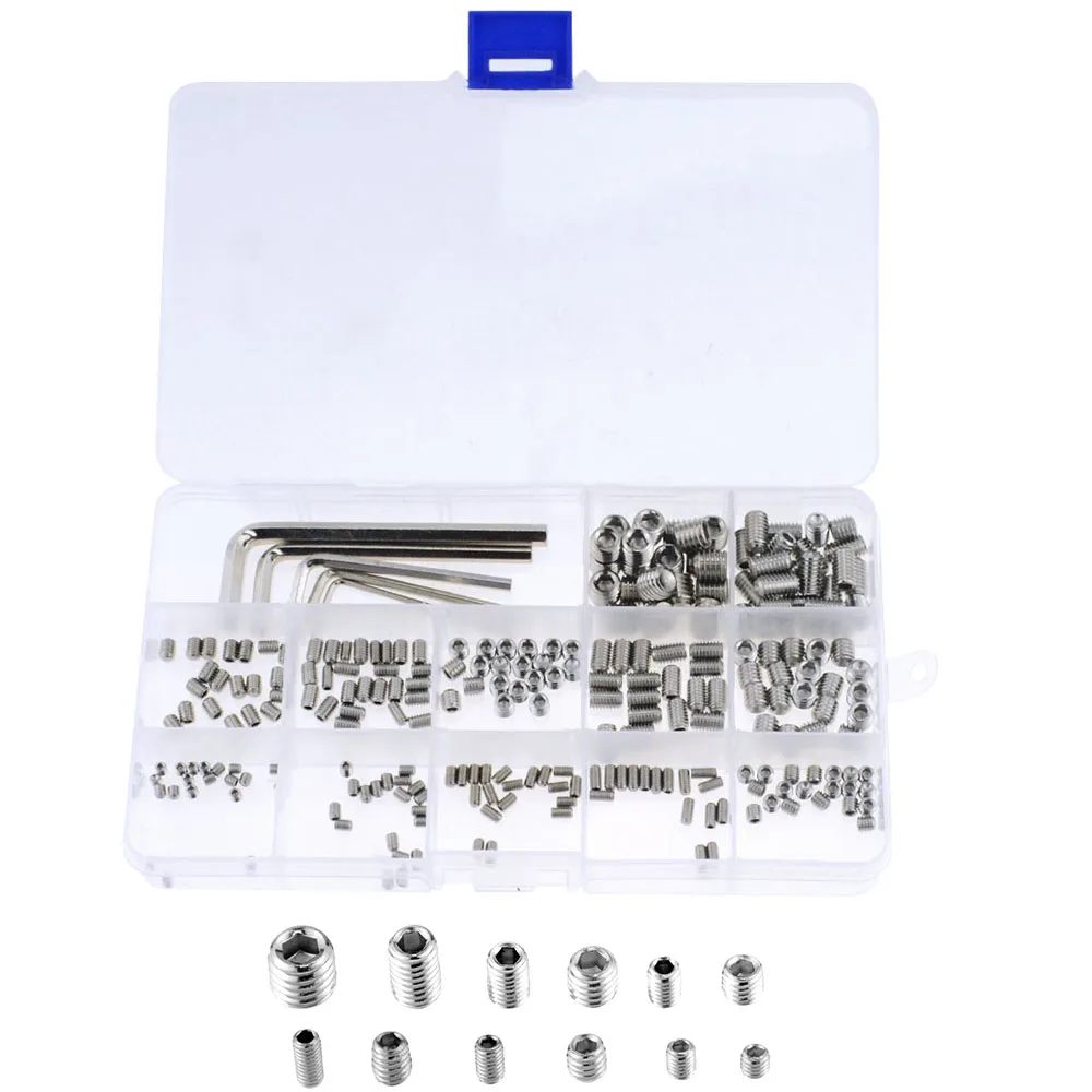 

245PCS/BOX Hex Hexagon Socket Set Screw Flat Point Stainless Steel Grub Screw Assortment Kit M3 M4 M5 M6 M8 Headless Set Bolt