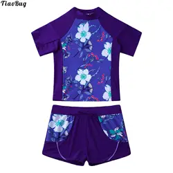 TiaoBug Summer 2Pcs Kids Girls Flower Print Swimsuit Round Neck Short Sleeves Top And Boyshorts Swimwear Beach Bathing Pool Suit