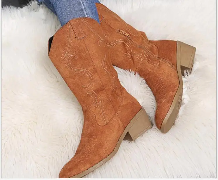 Autumn Flat Platform Cowboy Boots Women Shoes Autumn Winter Fur Leather Boots Fashion Round Toe High heels Ladies Shoes Large s