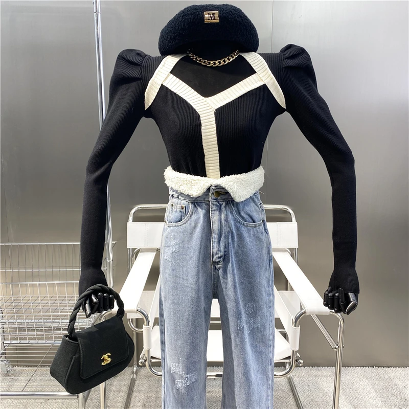 

New 2021 Foreign Style Contrast Color V-neck Leakage Clavicle Slim Fit Sweater Gentle Style Versatile Bubble Sleeve Top