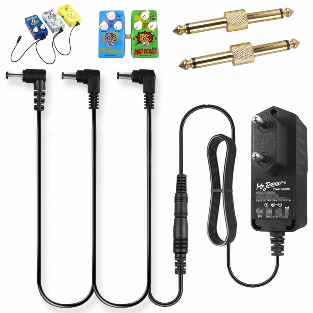 

9V Power Supply Adapter + 3 Ways Daisy Chain Cord Cable+ 2Pcs Pedal Connector Coupler for Guitar Effect Pedal Accessories