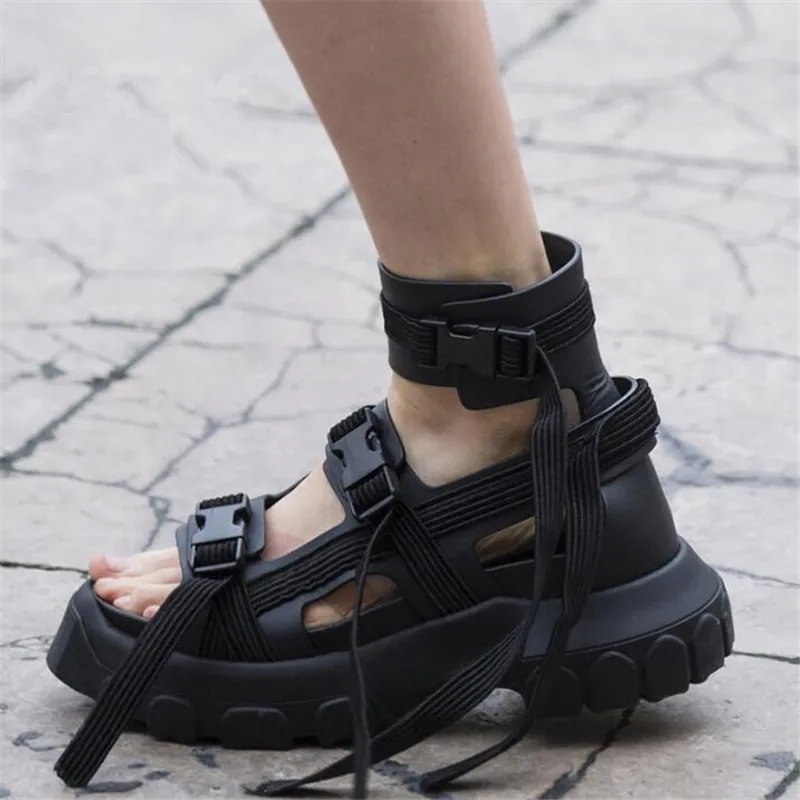 High Tops Summer Sandals Women Platform Creepers 6CM Heel Wedge Shoes Ladies Ankle Strap Sandalias Mujer Sneakers